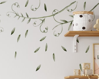 Large Green Watercolor Vines Wall Decals Bedroom Nursery Floral Stickers Dorm Decor, for Kitchen, Bedroom Decoration, LF550A