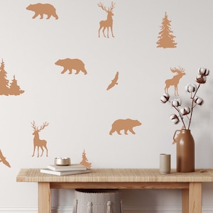 Woodland Forest Animals Wall Decals  Stickers Bear Deer Wolf Pine Tree, LF184