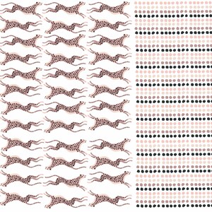May include: A seamless pattern featuring pink and brown leopards running in different directions. The pattern is repeated on a white background. A second pattern features rows of pink, brown, and black dots on a white background.