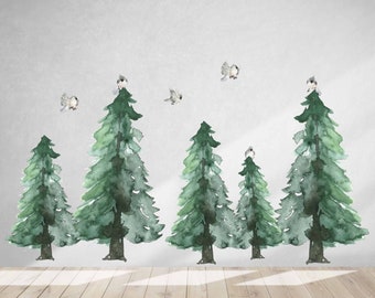 May include: Watercolor design featuring a forest scene with six green pine trees and five small white birds. The design is labeled "DESIGN 3".