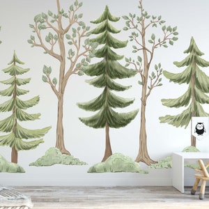 May include: A white wall with a green forest scene painted on it. The scene includes tall pine trees, leafy bushes, and a small bird. The forest scene is perfect for a nursery or child's room.