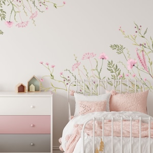 Watercolor Flowers Wall Stickers Nursery Pink Green Floral Leaves Decals Girls Boho Room , LF528