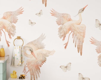 Watercolor Stork Heron Butterfly Wall Stickers Nursery Pink Beige Decals Girls Tender Boho Bathroom , LF524