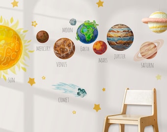 Sun Planets Wall Decals Space Stickers Solar System Kids Room Decor Classroom Stars Comet, LF479