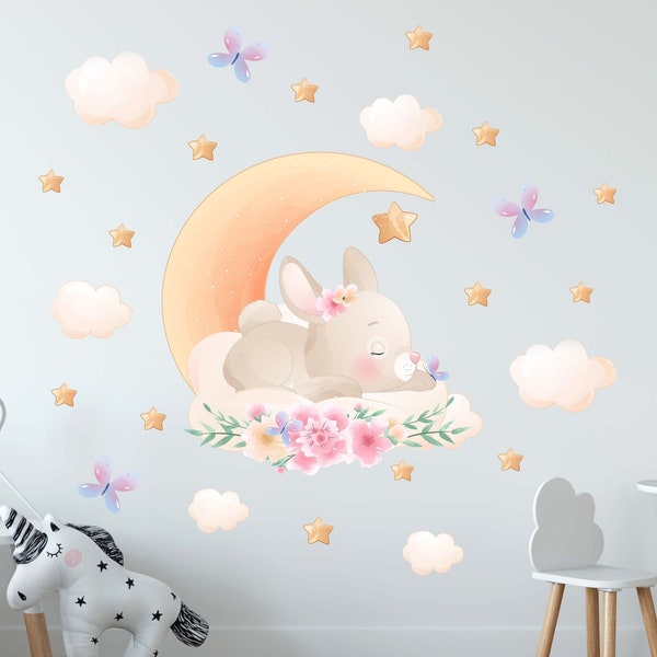 Bunny wall Decal Sleeping Moon Clouds Flowers Nursery Stickers, KL0065