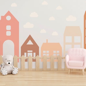 Big House Wall Decal, Large Home Headboard,  Color Block City Stickers, Nursery Houses Decor, LF293