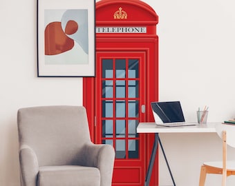 Red British Phone Booth Wall Decal – Vintage London Telephone Box Sticker for Home, Office, or Cafe Decor, LF305