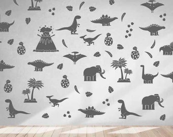 May include: A grey and white wall with a variety of dinosaur and prehistoric animal silhouettes. The silhouettes include a stegosaurus, a pterodactyl, a triceratops, a mammoth, and a volcano. There are also palm trees and footprints.
