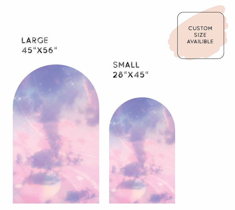 May include: Two arch-shaped wall decals with a pink and purple cloudy sky design. The larger decal is 45 inches by 56 inches and the smaller decal is 28 inches by 45 inches. Custom sizes are available.