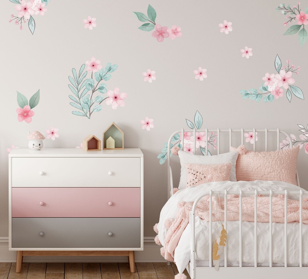 Watercolor Pink Flower Wall Decals: Floral Nursery Decor LF531 - Etsy