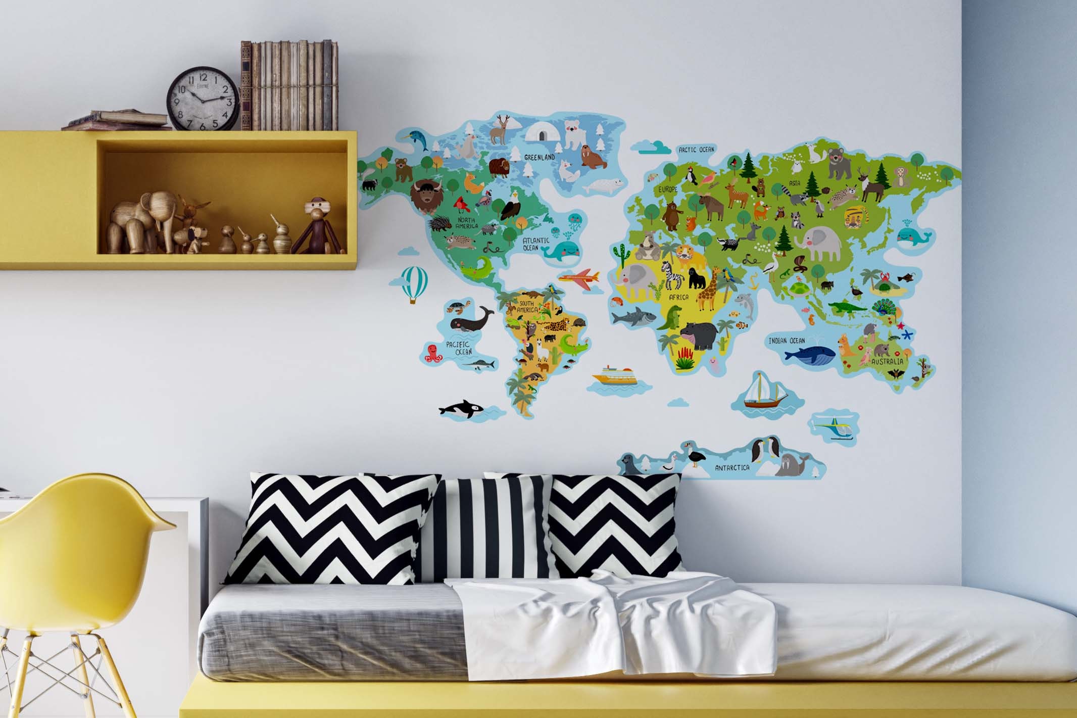 World Map Wall Decal Sticker, Animals World Map for Kids Room Decor ...