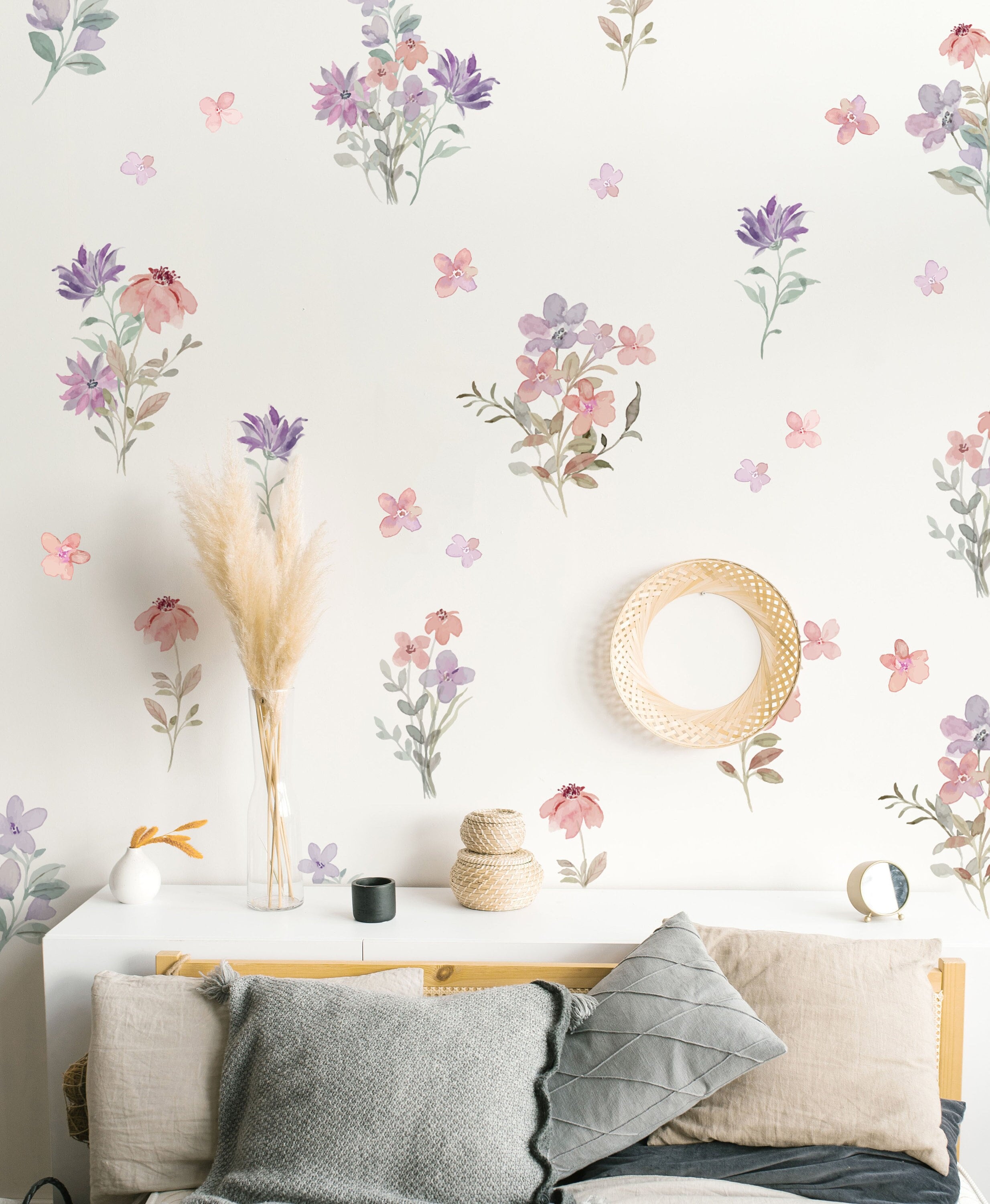Watercolor Flower Pink Violet Greenery Wall Decals Nature Sticker Boho ...