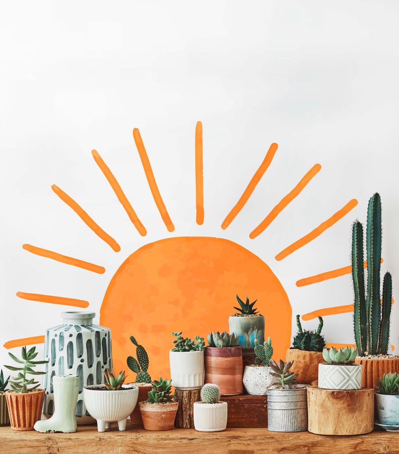 Puede incluir: Una colecci&oacute;n de suculentas y cactus en macetas dispuestas en un estante de madera frente a una pared blanca con un sol naranja pintado. Las suculentas est&aacute;n en macetas de varios tama&ntilde;os y formas, incluyendo una maceta de cer&aacute;mica azul y blanca a rayas, una maceta de cer&aacute;mica blanca con patas y una maceta de cer&aacute;mica marr&oacute;n.