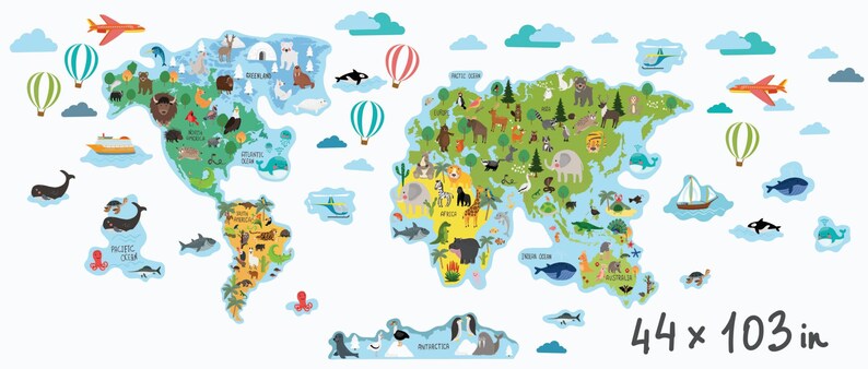 World Map Wall Decal Sticker, Animals World Map for Kids Room Decor ...
