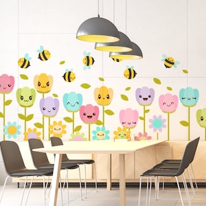 Bumblebee flower wall decals, Flower wall decals with Bees, Tulip Floral Home Decor, Nursery Art LF171