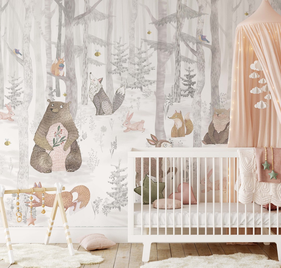 Removable Forest Animals Wallpaper Woodland Beige Calm Nursery Peel and ...