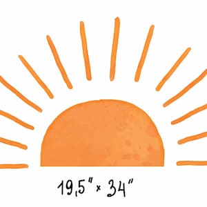 Puede incluir: Ilustraci&oacute;n de acuarela naranja de un sol con rayos. El sol es un semic&iacute;rculo con un efecto de acuarela texturizado. El texto debajo del sol dice "19,5" x 34".