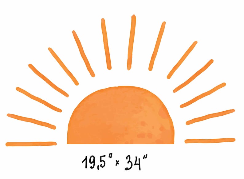 Puede incluir: Ilustraci&oacute;n de acuarela naranja de un sol con rayos. El sol es un semic&iacute;rculo con un efecto de acuarela texturizado. El texto debajo del sol dice "19,5" x 34".