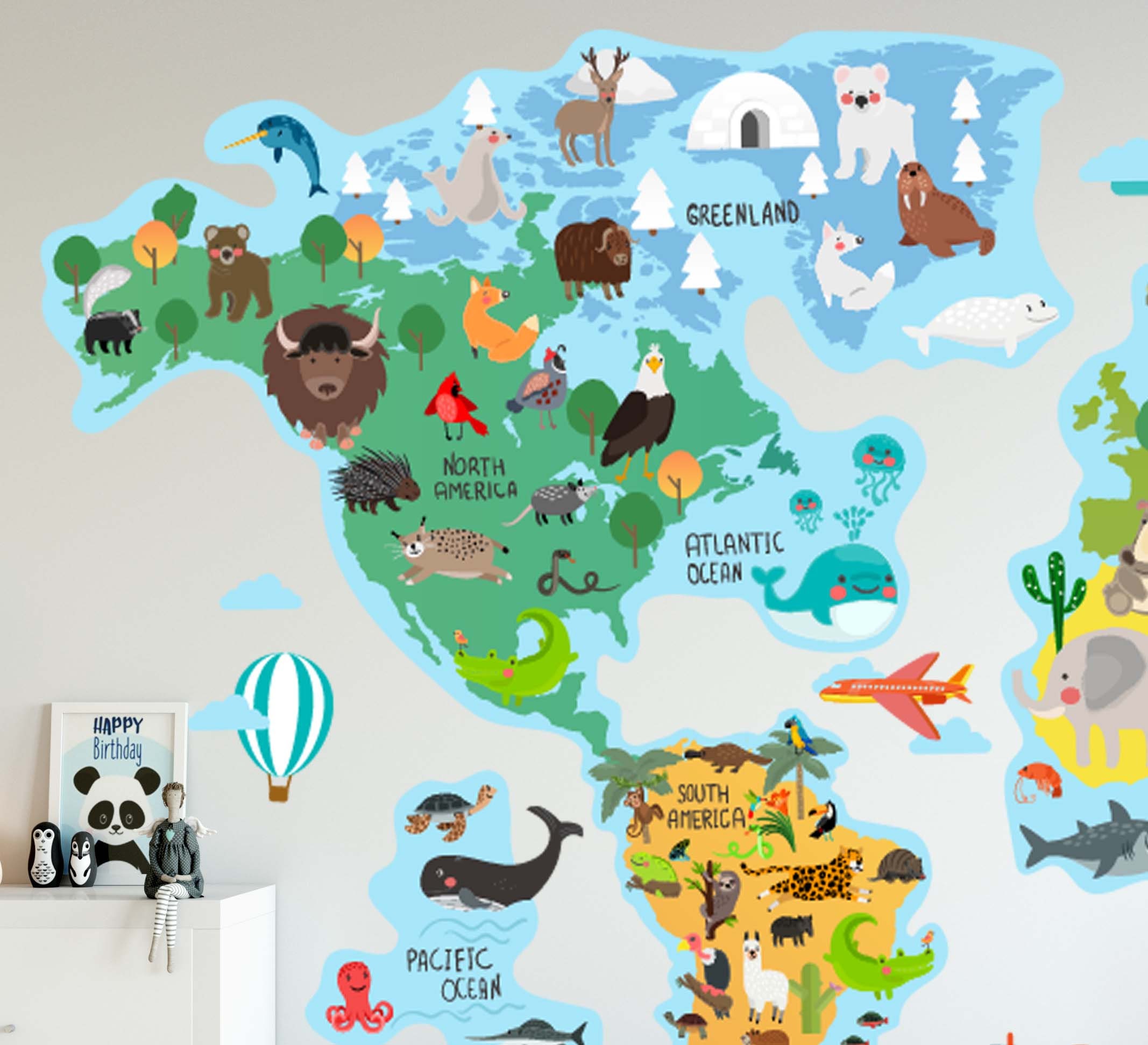 World Map Wall Decal Sticker, Animals World Map for Kids Room Decor ...