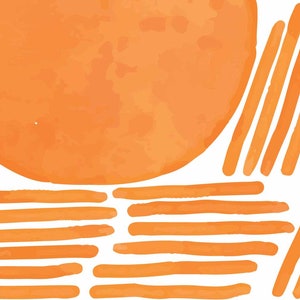 Puede incluir: Pintura abstracta de acuarela con un c&iacute;rculo naranja grande y un patr&oacute;n de l&iacute;neas naranjas finas.