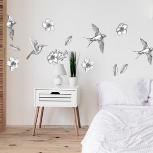Hummingbird Birds Wall Decal, Flowers Stickers Hummingbird Flying Gray Color LF020