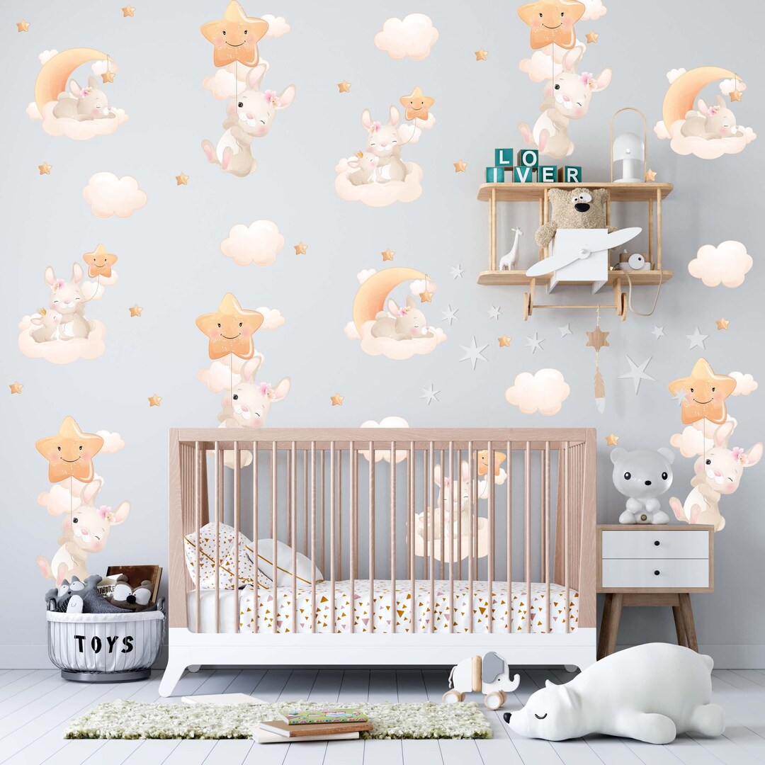 Bunny Nursery Wall Decals - Cloud & Stars Moon Decor, Removable Animal ...