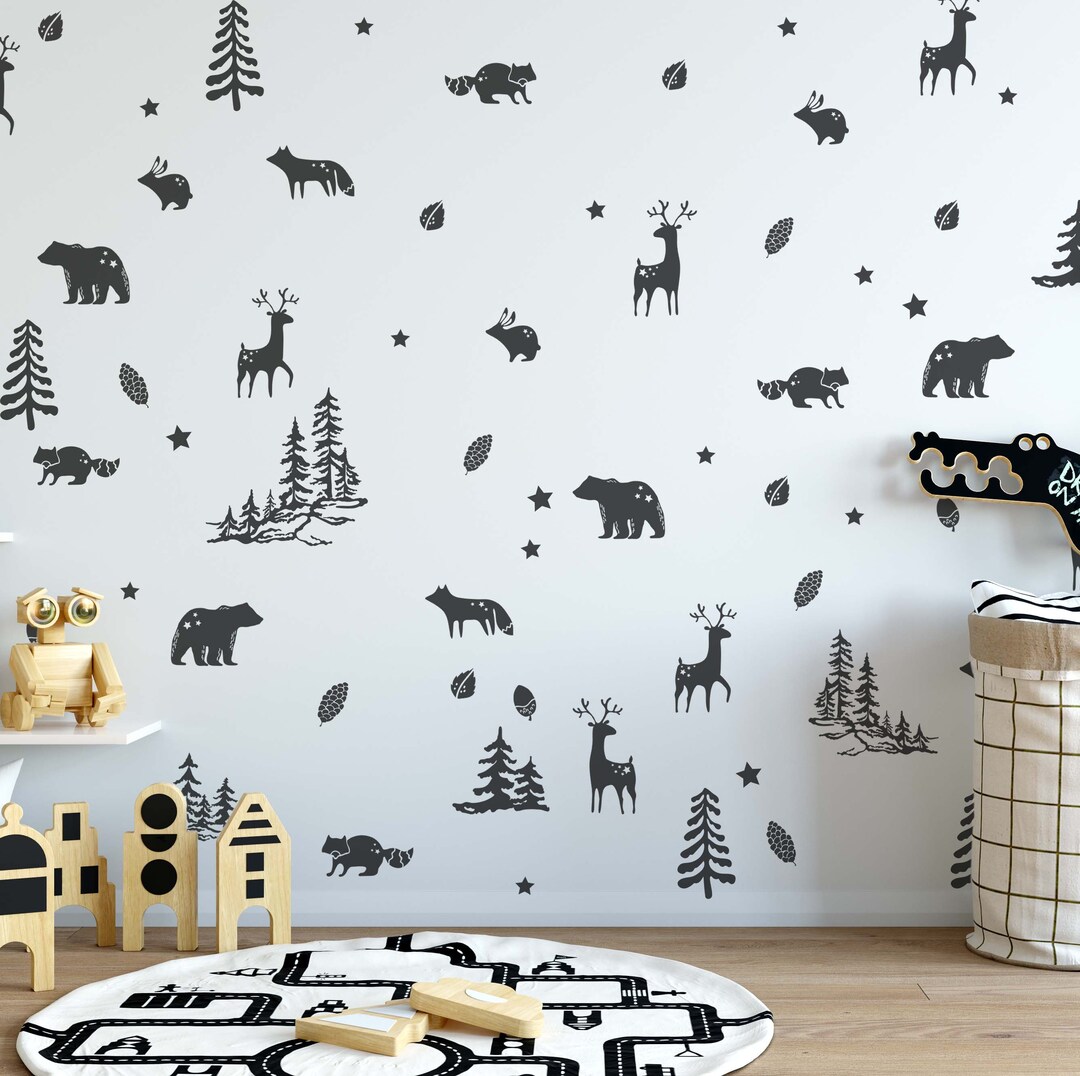 Woodland Wall Decals Animals Forest Bear Deer Fox Pine Stickers, LF085 ...