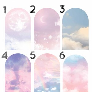 May include: Six different watercolor illustrations of arched windows with various pastel colored skies and clouds. The windows are numbered 1 through 6.