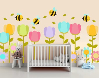 Flower wall decals Decor Cute Bee Tulip Floral Home decor Nursery Kawaii, LF025