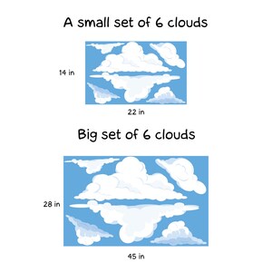 K&ouml;nnte beinhalten: Zwei S&auml;tze mit jeweils sechs wei&szlig;en Cartoon-Wolken auf blauem Hintergrund. Der kleinere Satz misst 22 Zoll breit und 14 Zoll hoch. Der gr&ouml;&szlig;ere Satz misst 45 Zoll breit und 28 Zoll hoch.