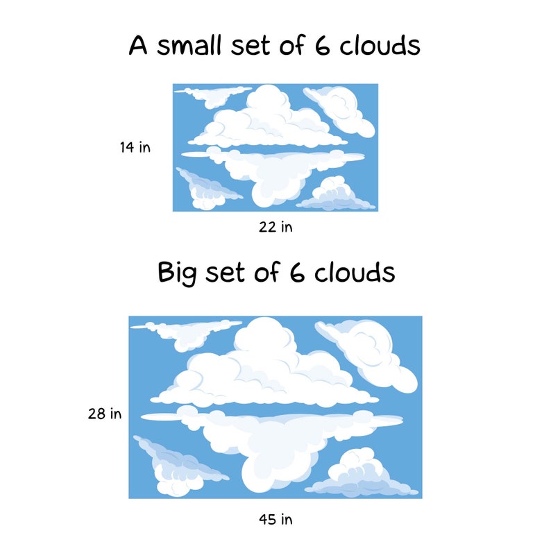 K&ouml;nnte beinhalten: Zwei S&auml;tze mit jeweils sechs wei&szlig;en Cartoon-Wolken auf blauem Hintergrund. Der kleinere Satz misst 22 Zoll breit und 14 Zoll hoch. Der gr&ouml;&szlig;ere Satz misst 45 Zoll breit und 28 Zoll hoch.
