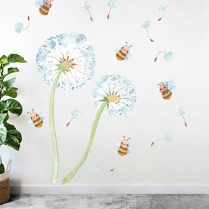 Bumblebee Dandelion Reusable Removable Wall Decal, Nursery Watercolor Kids Room Decor Art LF027