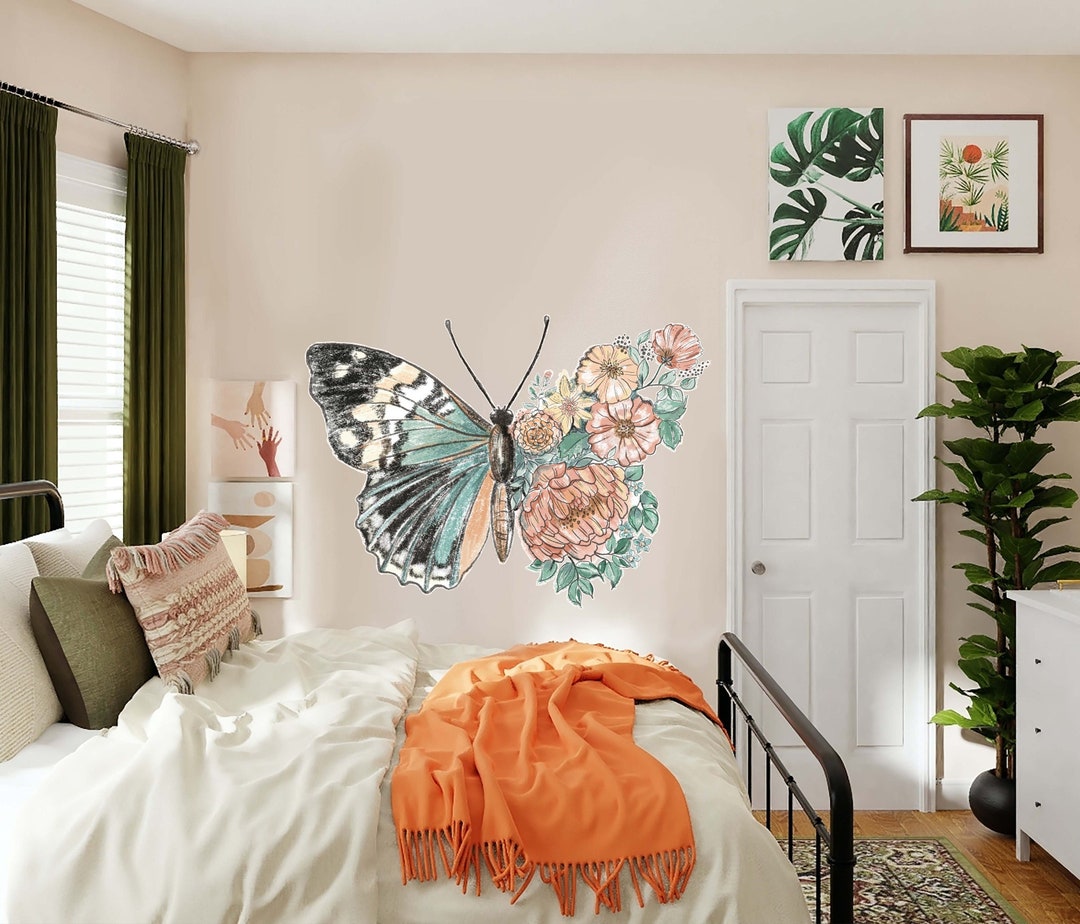 Flower Butterfly Watercolor Wall Decal Sticker for Nursery Room Decor ...