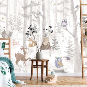Removable Forest Animals Wallpaper Woodland Beige Calm Nursery Peel and ...