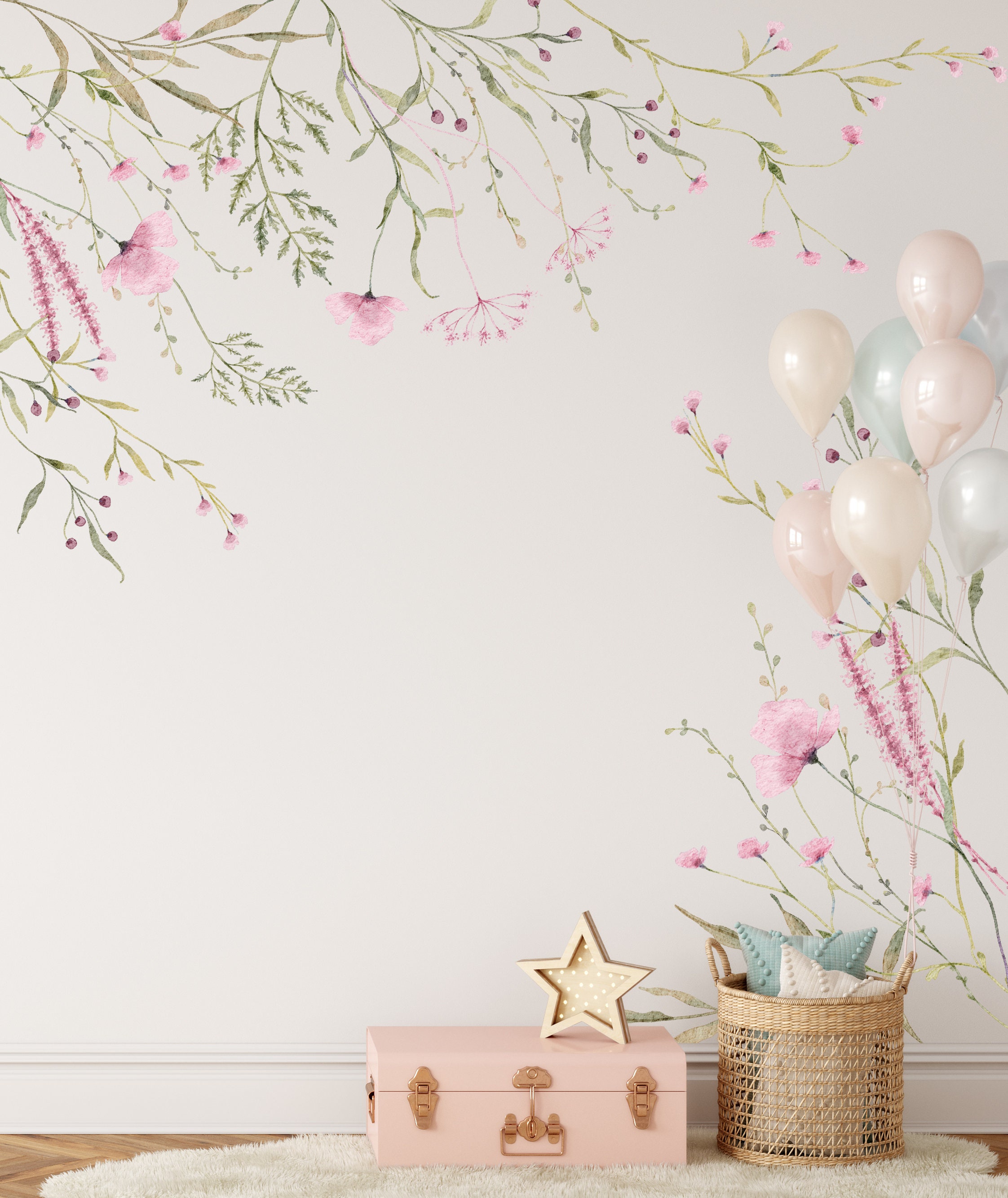 Watercolor Flowers Wall Stickers Nursery Pink Green Floral Leaves ...
