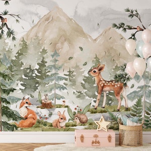 Forest Woodland Wallpaper Watercolor Pine Tree Stickers Nursery Mural Animals fox deer rabbit hedgehog mouse Natural Playroom Class, WL012