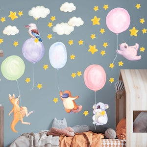 Australian Animals Wall Decals, Aussie Wall Stickers Color Balloons, Removable Fabric Peel and Stick Decals for Room Decoration LF040