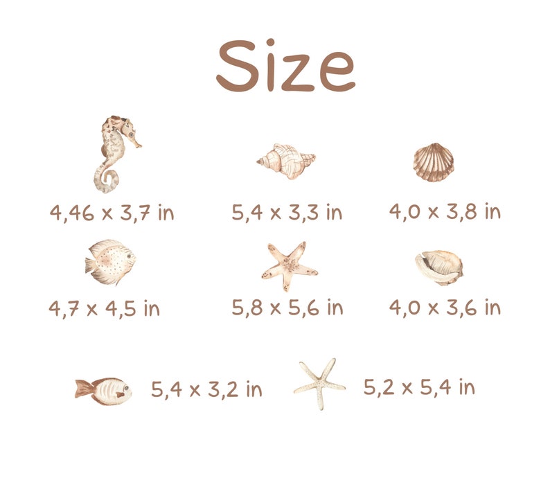 May include: A set of nine watercolour illustrations of sea life, including a seahorse, starfish, seashells, and fish. The illustrations are labelled with their approximate size in inches.