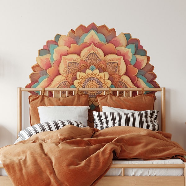 Testiera Mandala Adesivo in vinile Decalcomanie da muro Half Dome King Queen bed Acquerello Retro Vintage Style, LF467