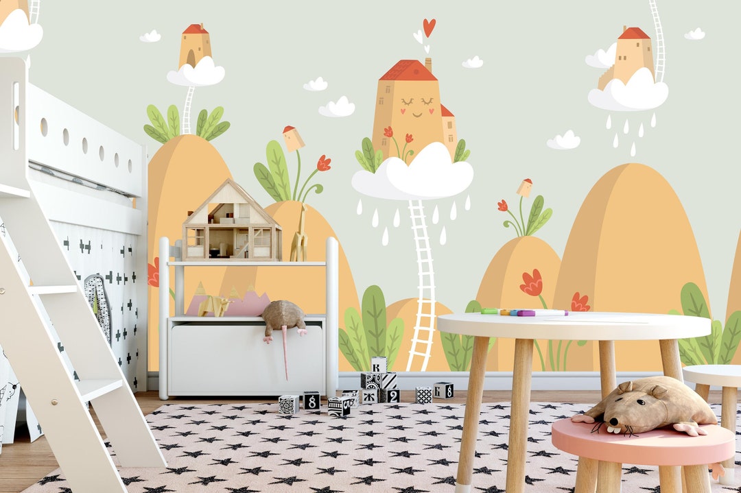 Removable Peel and Stick Wallpaper Clouds Houses Sky Nursery Wall Paper ...