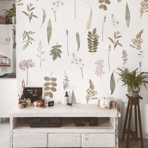 Vintage Wild Flowers Wall Decals Leaf Twigs Greenery Stickers herbarium, LF287