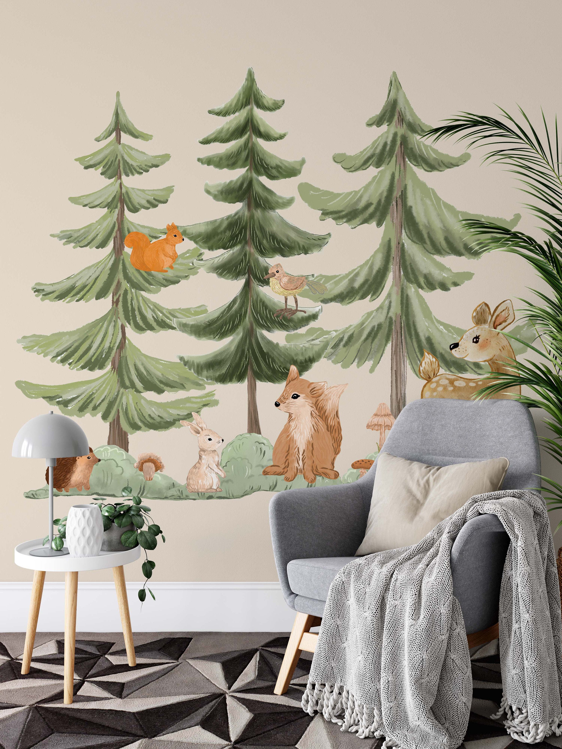 Woodland Animals Nursery Wall Decals Forest Deer Rabbit Fir Tree ...