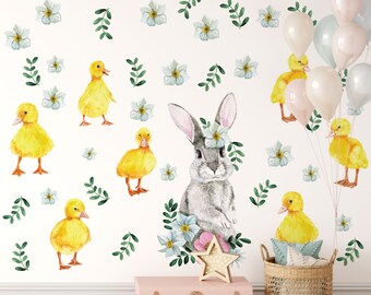 Bunny Flowers Wall Decal Ducklings Sticker Rabbit Watercolor Duck Nursery Decor, LF266A