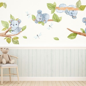 Koala wall decals tree greenery leaves stickers Australian animals, Peel and Stick, Removable wall decal LF197