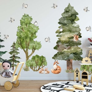 Forest Wall Decals Pine Trees Woodland Animals Stickers, Nursery Room Decoration, Fabric Peel and Stick Decals KL0075