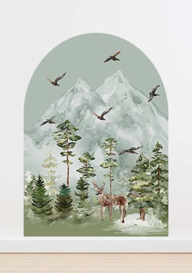 Boho Arch Woodland Wall Decal Pine Trees Sticker Forest Deer Mountains ...