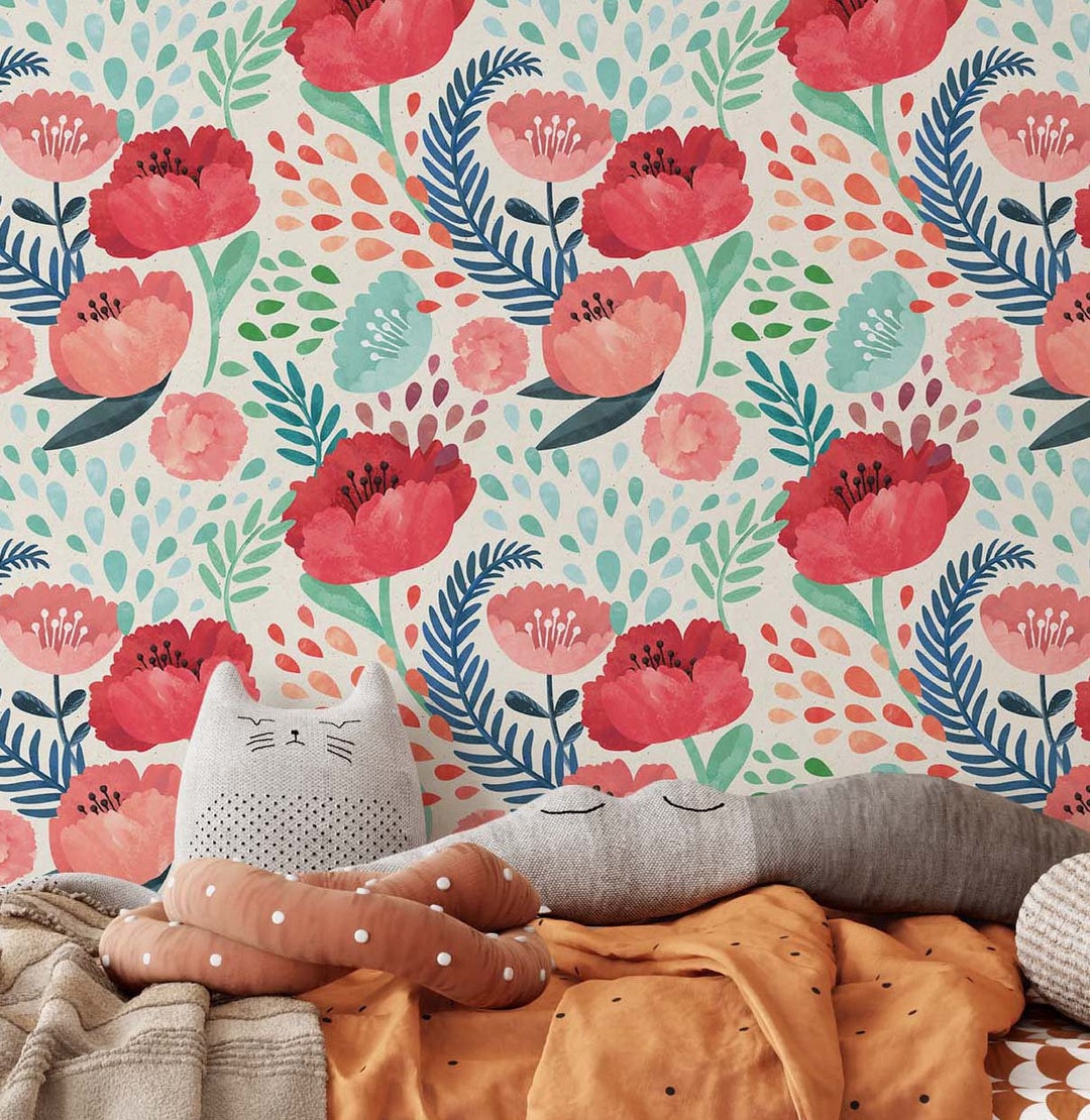 Large Floral Wallpaper Peel and Stick Wild Red Flowers Removable Self ...
