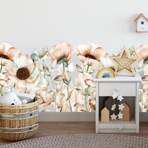Beige neutrale poppy eucalyptus muurstickers | Kalme stickers met bloemenrand en bladeren | Badkamer, slaapkamer, kinderkamerdecoratie | Huurvriendelijke kunst LF557