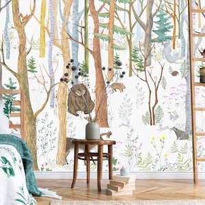 Forest Animals Wallpaper Woodland Beige Calm Nursery Peel and Stick ...