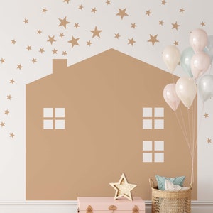 Large House Wall Decal with Stars, Kids Room Headboard Sticker, Nursery Color Block Wall Art, LF455